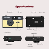 Phomo camera controls, including flash, filter button, USB-C port and SD card slot